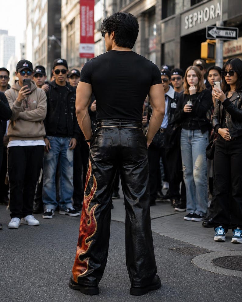 May include: A person wearing a black t-shirt and black leather pants with a flame design in red and gold. The person is standing in a crowd of people on a city street.