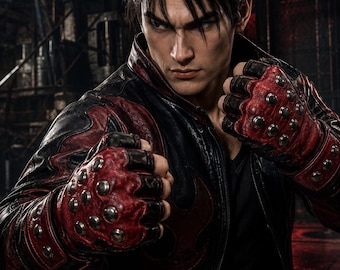Rękawice skórzane inspirowane Tekkenem Jin Kazama – czerwono-czarne, bezpalcowe, do cosplayu