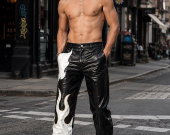 Men's Black White Flame Lambskin Leather Pants | Y2K Biker Streetwear Trousers