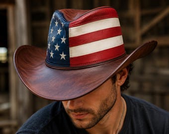 Ręcznie robiony kapelusz kowbojski z pełnoziarnistej skóry w stylu amerykańskiej flagi, kapelusz unisex w stylu western rodeo