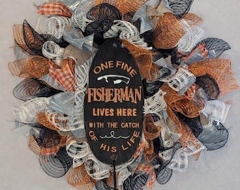 Fishing Wreath for Front Door, Fisherman Wreath, Lake House Decor, Rustic Man Cave Wreath, Outdoor Door Hanger, Father’s Day Gift