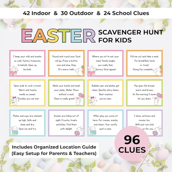 Easter Scavenger Hunt for Kids Printable Easter Egg Hunt Clues Indoor Outdoor Easter Treasure Hunt Game Easter Activities for Kids