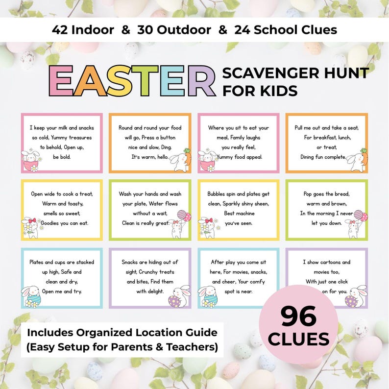Printable Easter scavenger hunt for kids with Easter egg hunt clues indoor outdoor Easter treasure hunt game