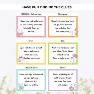 Może przedstawiać: Kolorowy plakat edukacyjny z tekstem "HAVE FUN FINDING THE CLUES". Plakat zawiera sześć ilustrowanych wskaz&oacute;wek o tematyce kuchennej z rymowanym tekstem, każda w innej ramce i urocze kr&oacute;liki z kresk&oacute;wek.