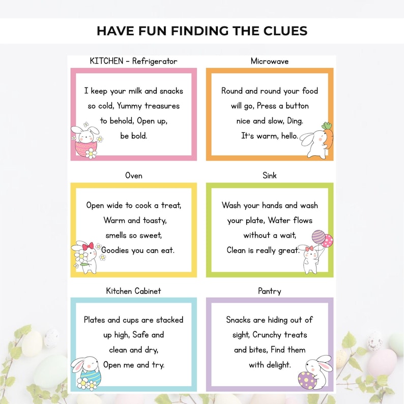 Może przedstawiać: Kolorowy plakat edukacyjny z tekstem "HAVE FUN FINDING THE CLUES". Plakat zawiera sześć ilustrowanych wskaz&oacute;wek o tematyce kuchennej z rymowanym tekstem, każda w innej ramce i urocze kr&oacute;liki z kresk&oacute;wek.