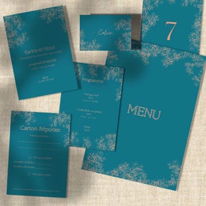 Tropical-PACK A6+5x7in: Tarjeta de lugar, número de mesa, menú, invitación, tarjeta de confirmación de asistencia, programa personalizable, CANVA, ilustración hecha a mano