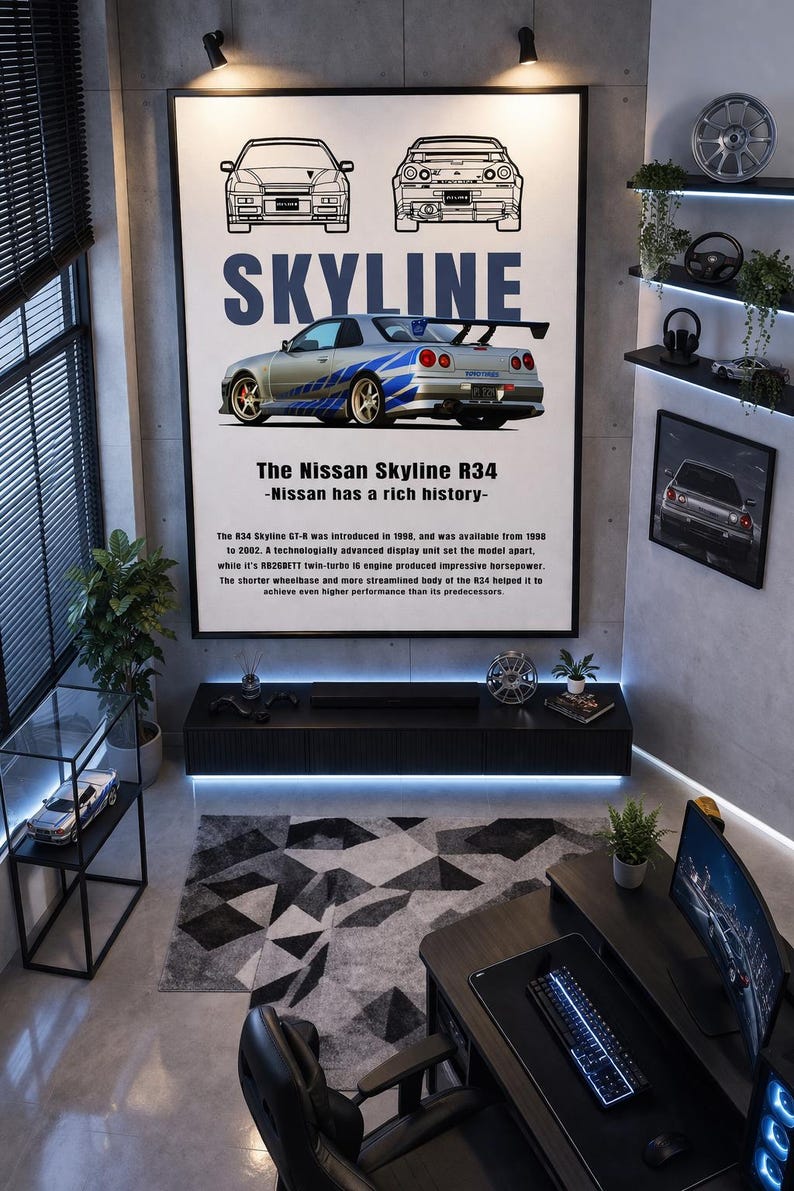 Car Bulprint Gt R R34 Nissan Skyline R34 Poster Printable, JDM Legend Wall Art, GT-R ...