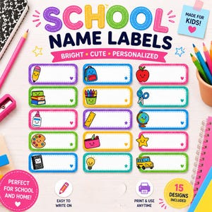 Printable School Name Labels for Kids, Cute School Labels, Name Tags for School Supplies, Classroom Labels, Kids Name Labels, Back to School