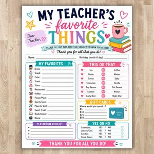 Peut inclure: Une feuille de questionnaire blanche intitulée My Teacher's Favorite Things avec du texte coloré et des illustrations de livres, une tasse de café et des cœurs. Elle comprend des sections pour les favoris, des choix, des cartes-cadeaux.