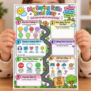 Puede incluir: Una hoja de trabajo colorida titulada My Coping Skills Road Map con siete secciones numeradas, ilustraciones y sugerencias de texto. El diseño incluye un camino sinuoso, un sol y letreros con Calm Mind, Brighter Day y Happier Me.