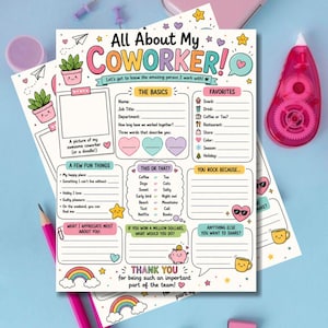 May include: A white paper questionnaire titled All About My Coworker with colourful pastel illustrations of plants, hearts, stars, and a piggy bank. The form includes sections for basics, favourites, fun facts, this or that choices, and appreciation notes.