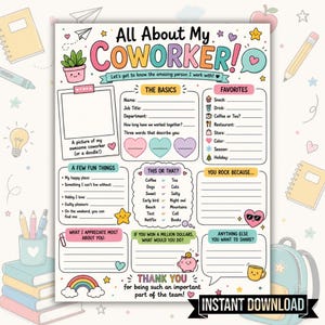 Op de afbeelding: Een kleurrijk printbaar werkblad getiteld All About My Coworker met secties voor basisgegevens, favorieten, leuke weetjes en dit-of-dat vragen. Het ontwerp bevat pastelkleurige illustraties van hartjes, sterren, een regenboog en een spaarvarken.