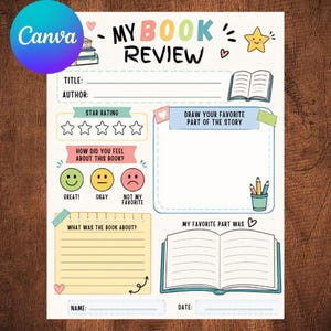 Peut inclure: Une fiche de lecture imprimable avec le titre MY BOOK REVIEW en lettres colorées. Elle comprend des sections pour le titre, l'auteur, une évaluation par étoiles, un cadre de dessin, des émojis d'humeur, des lignes et un livre ouvert.