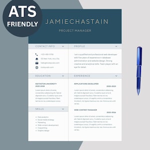 May include: A resume template for Jamie Chastain, a project manager, featuring a dark blue header, white sections for contact info, profile, education, experience, and skills, with a blue pen positioned to the right and an ATS friendly badge.