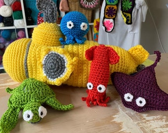 Under the Sea Toy Bag, Crochet Pattern, Imagination Play, Squid, Octopus, Yellow Submarine, Sea Turtle, Stingray