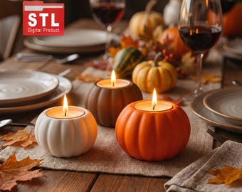 Juego de 3 portavelas de calabaza para velas pequeñas (STL y 3MF), decoración de otoño, Halloween y Acción de Gracias, compatible con archivos de impresión 3D gratuitos, descarga digital instantánea.