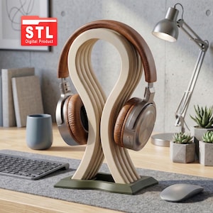 Headphone Stand STL, 3D Print File Headset Holder, PC Gamer Desk Accessory, Modern Support Free 3MF Digital Download, Office Decor