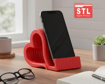 File STL per supporto per telefono a forma di cuore a strati 3D, file di stampa 3D per supporto per telefono da scrivania personalizzato, download digitale di un moderno supporto per smartphone a coste