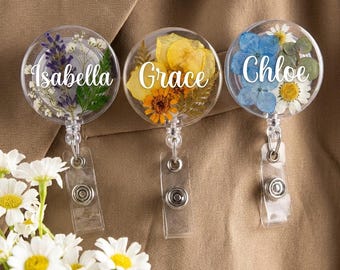 Personalized Pressed Flower Badge Reel, Custom Name ID Holder for Nurses and Teachers, Resin Floral Badge Clip, Unique Boho Office Gift Idea