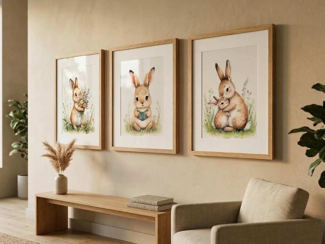 Vintage Bunny Nursery Wall Art Set of 3 Printable, Rabbit Nursery Decor ...