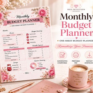Könnte beinhalten: Ein monatlicher Budgetplaner mit rosa Blumenmotiven, Abschnitten für Einnahmen, feste und variable Ausgaben, Sparziele und eine Ausgabenzusammenfassung. Der Text umfasst Monthly Budget Planner, One Sheet Budget Planner und Romanticize Your Finances, sowie Symbole für Goodnotes, druckbares PDF und Sofort-Download.