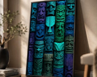 Colorful Tiki Mask Wall Art, Tribal Face Canvas, Tropical Boho Decor, Polynesian Inspired Artwork, Bold Modern Statement