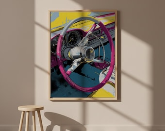 Retro Car Steering Wheel Wall Art Framed Canvas, Vintage Car Interior Artwork, Colorful Automotive Decor, Classic Car Wall Art Decor