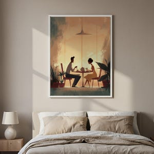 Romantic Couple Wall Art Framed Canvas, Cozy Dinner Love Scene Artwork, Warm Light Illustration, Anniversary Gift, Bedroom Wall Decor image 2