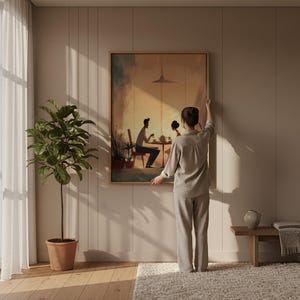 Romantic Couple Wall Art Framed Canvas, Cozy Dinner Love Scene Artwork, Warm Light Illustration, Anniversary Gift, Bedroom Wall Decor image 3