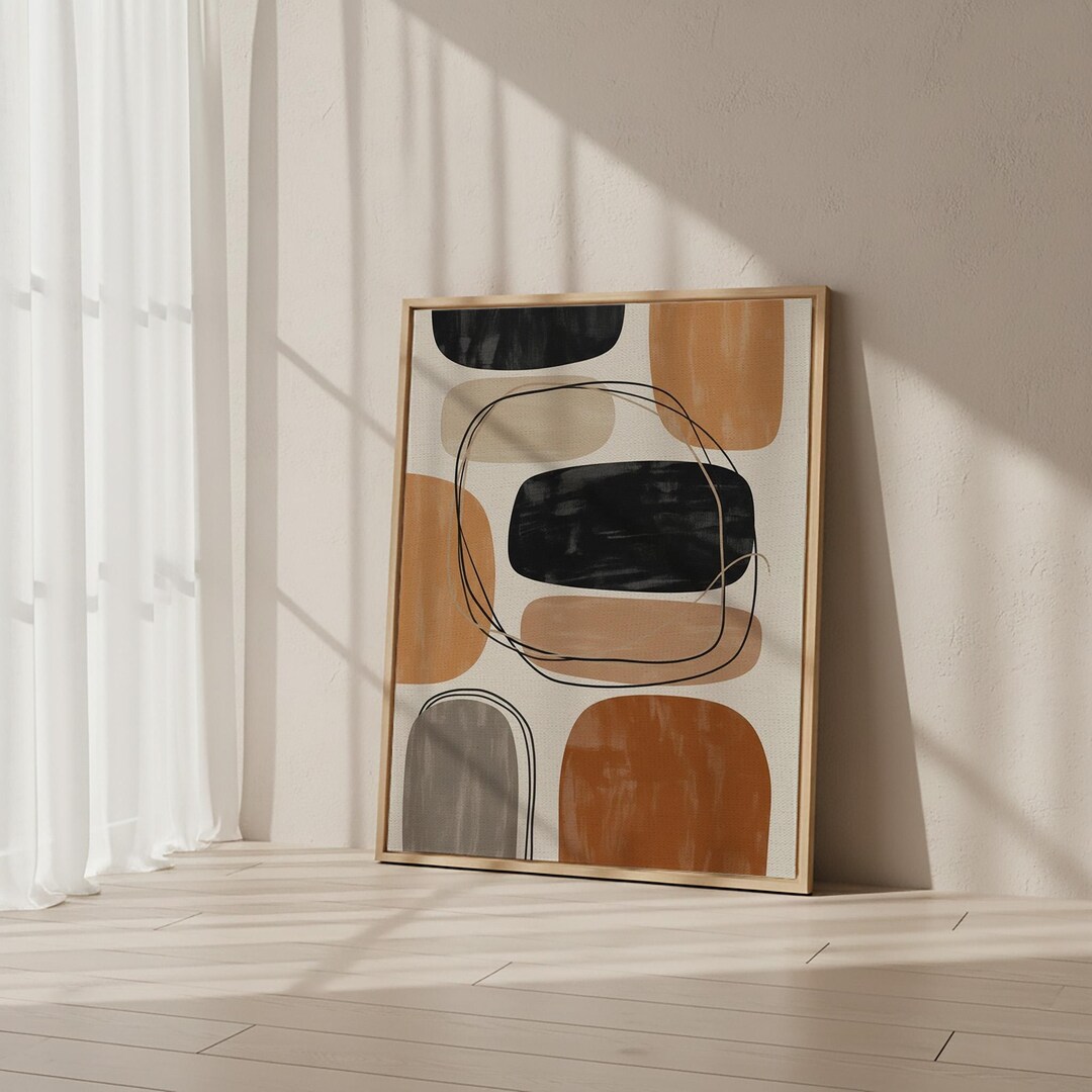 Mid Century Modern Abstract Wall Art Framed Canvas, Neutral Geometric ...