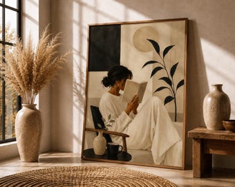 Woman Reading Wall Art, Book Lover Canvas Print, Neutral Reading Nook Decor, Minimalist Woman Artwork, Cozy Library Wall Art