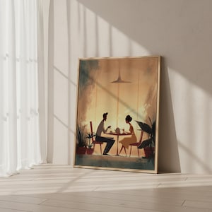 Romantic Couple Wall Art Framed Canvas, Cozy Dinner Love Scene Artwork, Warm Light Illustration, Anniversary Gift, Bedroom Wall Decor image 5