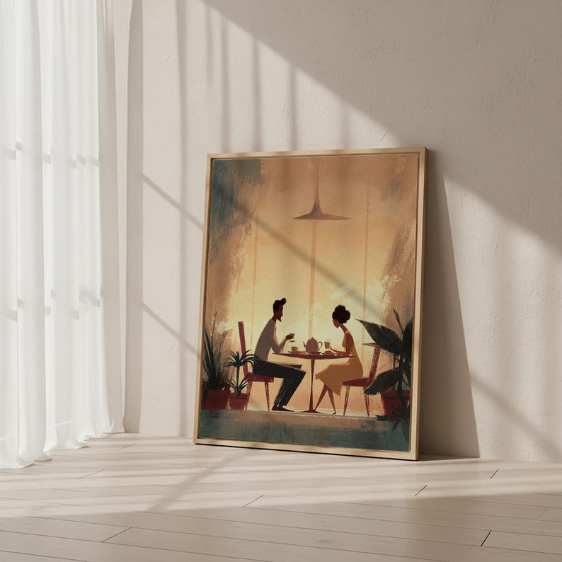 Romantic Couple Wall Art Framed Canvas, Cozy Dinner Love Scene Artwork, Warm Light Illustration, Anniversary Gift, Bedroom Wall Decor image 5