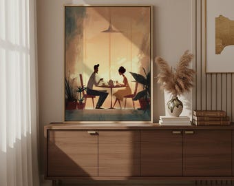 Romantic Couple Wall Art Framed Canvas, Cozy Dinner Love Scene Artwork, Warm Light Illustration, Anniversary Gift, Bedroom Wall Decor