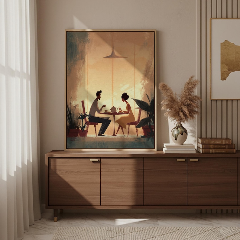 Romantic Couple Wall Art Framed Canvas, Cozy Dinner Love Scene Artwork, Warm Light Illustration, Anniversary Gift, Bedroom Decor