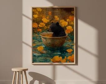 Whimsical Bear Wall Art Framed Canvas Decor, Surreal Animal Illustration Poster, Storybook Nature Canvas Decor for Living Room Nursery