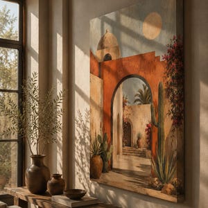 Mexikanischer Kunstdruck, Leinwandbild „Hacienda-Innenhof“, Wanddekoration mit Terrakotta-Bogen, Wüstenkaktus-Kunst, Boho-Südwesten-Leinwandbild