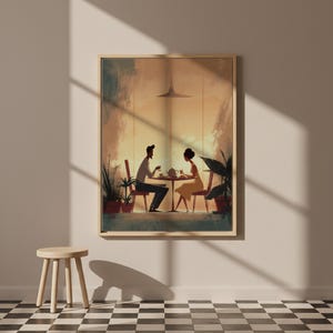 Romantic Couple Wall Art Framed Canvas, Cozy Dinner Love Scene Artwork, Warm Light Illustration, Anniversary Gift, Bedroom Wall Decor image 4