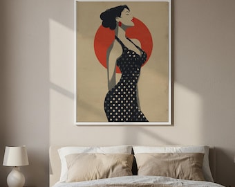 Retro Woman Wall Art Framed Canvas, Vintage Fashion Illustration Poster, Mid Century Modern Female Portrait Decor for Living Room