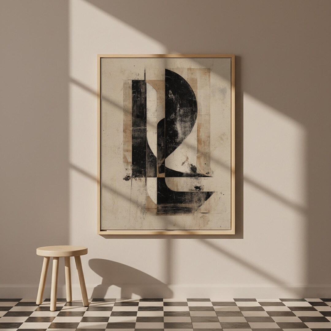 Abstract Neutral Framed Canvas Wall Art, Modern Black Beige Artwork ...