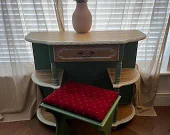 Upcycled Vintage Vanity Table and Stool Set Console Table Green Hand Painted Solid Wood Restored Furniture Cottage Decor One of a Kind