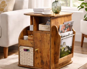 Rotating End Storage table, Rustic Farmhouse Nightstand with Basket