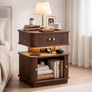 Walnut LED Nightstand with Charging Station, Mid Century Bedside Table with Drawers