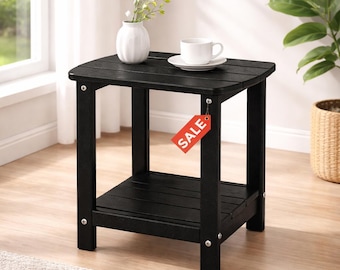 Square Outdoor Side Table 2-Tier Storage for Backyard Pool Porch Garden Lawn Black