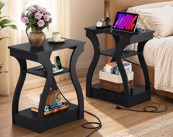 3 Tier Nightstand Set of 2 with Charging Station Small Side Table