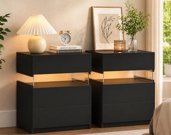 Modern LED Nightstand Set 2, 3 Drawer Bedside Table with Silent Glides
