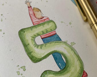 May include: A watercolour illustration on white paper featuring a person with blonde hair wearing a red and white striped shirt and blue trousers, reaching upwards while embracing a large, green, balloon-shaped number five with green paint splatters.
