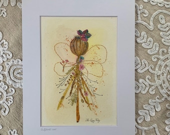 May include: A watercolour illustration titled The Poppy Fairy featuring a central figure composed of a dried poppy seed head, thin brown line-drawn wings, and a skirt made of various dried grasses, ferns, and small pink flowers on a cream background.