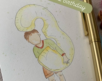 May include: A watercolour illustration on white paper featuring a child wearing a light green shirt with red trim and brown shorts, holding a large yellow curved shape. The text Little boys 3rd birthday is printed in white on a green banner.