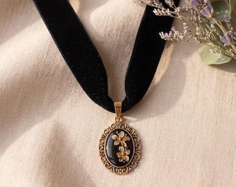 Black Resin Cameo Pendant on Velvet Choker- Elderberry Candelaria Necklace